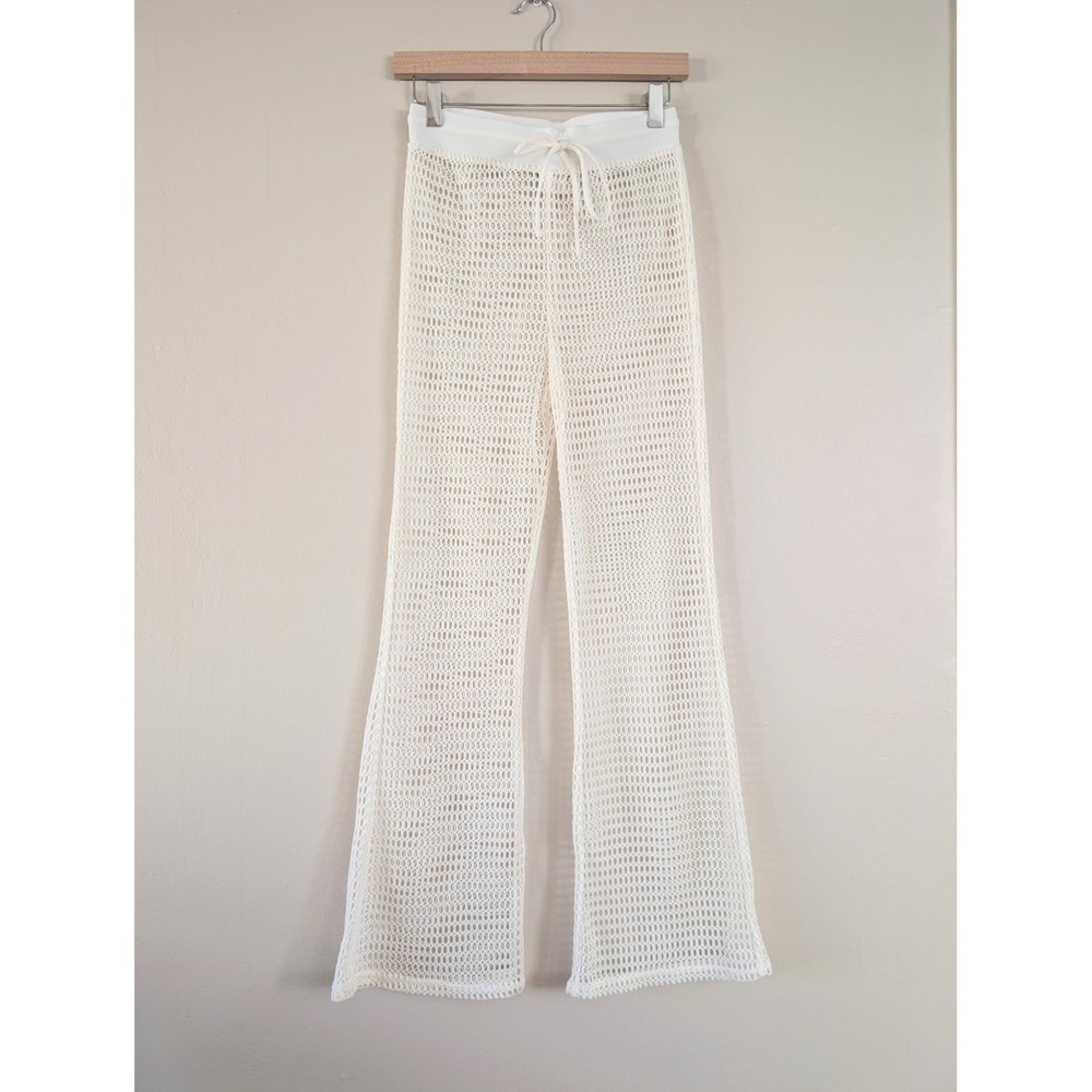 Shade & Shore White Crochet Open Knit Swim Cover-Up Pants Wide Leg XS Drawstring